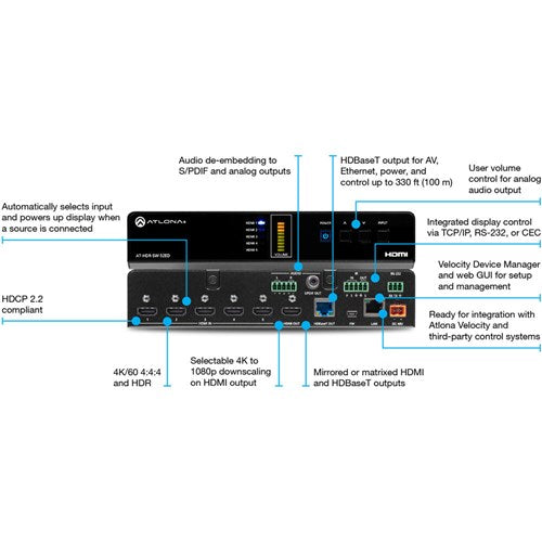 Atlona 5X2 4K/HDR HDMI 2.0b to HDBaseT Switcher with Extended Distance - AT-HDR-SW-52ED