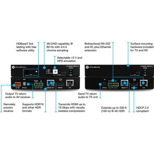 Atlona 4K HDR Transmitter and Receiver Set w/IR, RS-232, Ethernet and PoE - AT-HDR-EX-100CEA-KIT