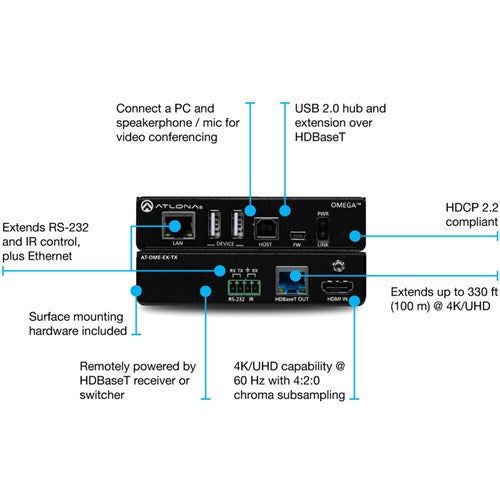 Atlona Omega 4K/UHD HDMI/USB over HDBaseT Transmitter (330') - AT-OME-EX-TX