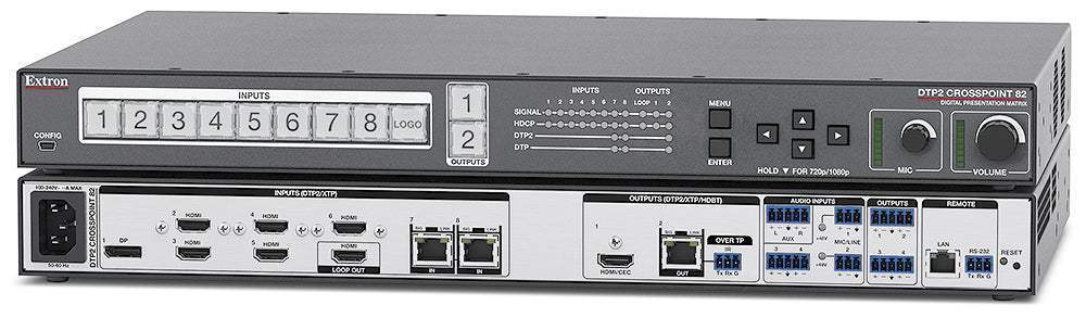 Extron DTP2 CrossPoint 82 IPCP Q SA, Control Processor and Stereo Amp, 8x2 4K/60 Scaling Presentation Matrix Switcher