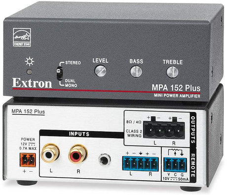 Extron MPA 152 Plus is a compact stereo mini amplifier delivering 15W RMS per channel, with 90 dB SNR and 0.1% THD+N—ideal for cost-effective, space-saving audio amplification.
