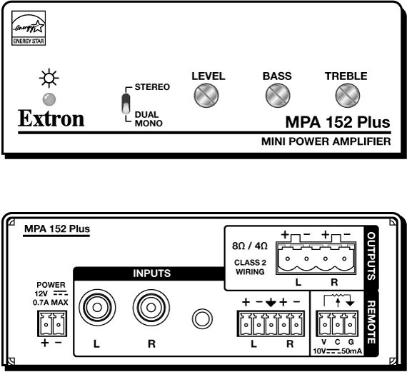 Extron MPA 152 Plus is a compact stereo mini amplifier delivering 15W RMS per channel, with 90 dB SNR and 0.1% THD+N—ideal for cost-effective, space-saving audio amplification.
