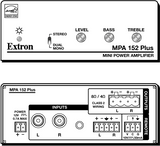 Extron MPA 152 Plus is a compact stereo mini amplifier delivering 15W RMS per channel, with 90 dB SNR and 0.1% THD+N—ideal for cost-effective, space-saving audio amplification.