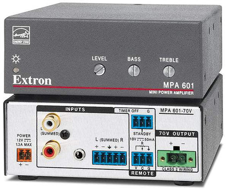 Extron MPA 601 is an ENERGY STAR® qualified mono amplifier delivering 60W RMS in a compact, plenum-rated enclosure—ideal for in-ceiling commercial AV installations.