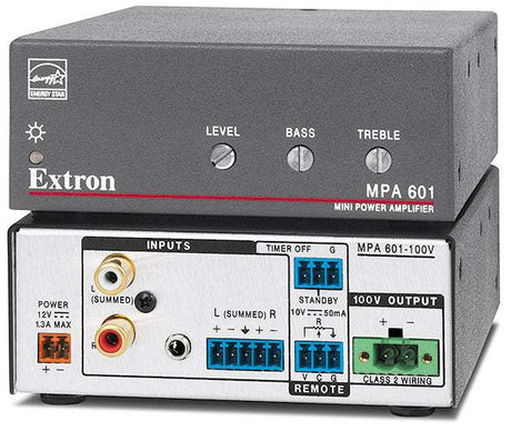 Extron MPA 601 is an ENERGY STAR® qualified mono amplifier delivering 60W RMS in a compact, plenum-rated enclosure—ideal for in-ceiling commercial AV installations.