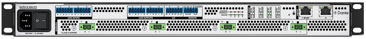 Extron NetPA U 4004 FX rear panel with speaker outputs, line I/O, and dual LAN ports