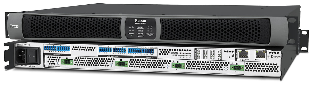 Extron NetPA U 4004 FX four channel Dante power amplifier with DSP, front and rear view