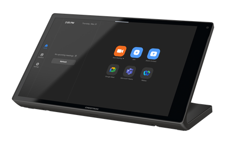 Crestron TS-1080-UC-B tabletop touch screen showing Zoom Rooms interface