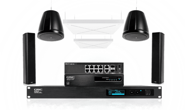 QSC Extra large room: Extra large room: directional audio with pendant speakers & Sennheiser TeamConnect Ceiling 2 - Creation Networks