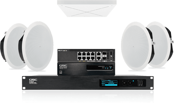 QSC Large meeting room audio: in-ceiling speakers with Sennheiser TeamConnect Ceiling 2 - Creation Networks