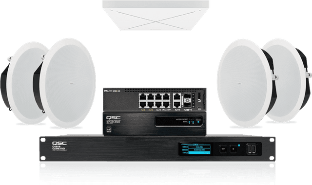 QSC Large meeting room audio: in-ceiling speakers with Sennheiser TeamConnect Ceiling 2 - Creation Networks
