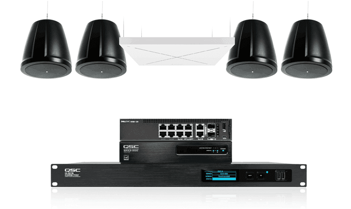 QSC Large meeting room audio: pendant speakers with Sennheiser TeamConnect Ceiling 2 - Creation Networks