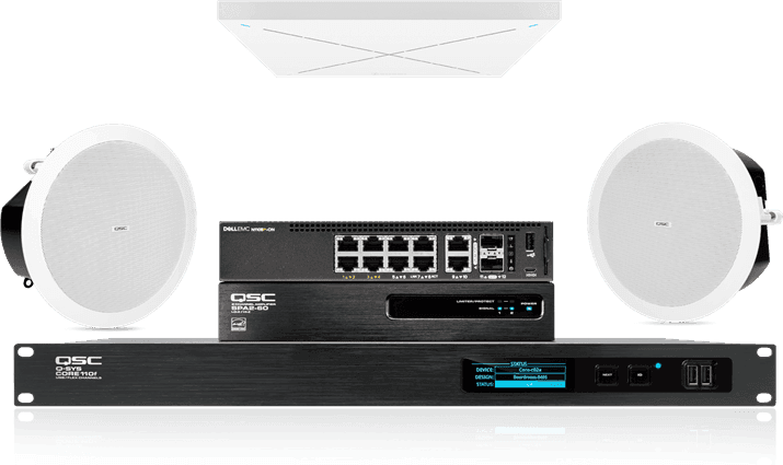 QSC Medium meeting room audio: in-ceiling speakers with Sennheiser TeamConnect Ceiling - Creation Networks
