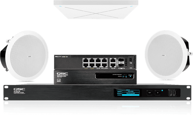 QSC Medium meeting room audio: in-ceiling speakers with Sennheiser TeamConnect Ceiling - Creation Networks