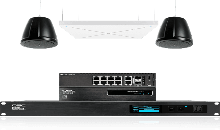QSC Medium meeting room audio: pendant speakers with Sennheiser TeamConnect Ceiling 2 - Creation Networks