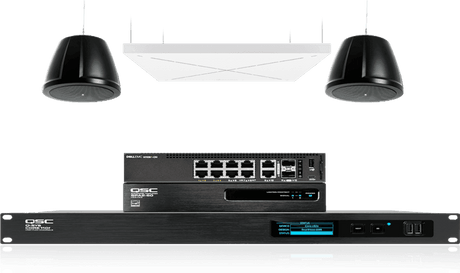 QSC Medium meeting room audio: pendant speakers with Sennheiser TeamConnect Ceiling 2 - Creation Networks