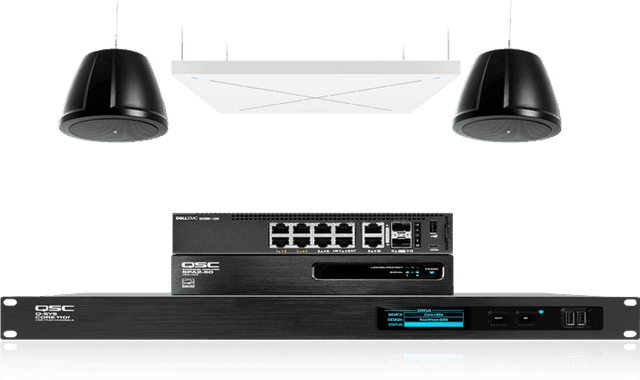 QSC Medium meeting room audio: pendant speakers with Sennheiser TeamConnect Ceiling 2 - Creation Networks