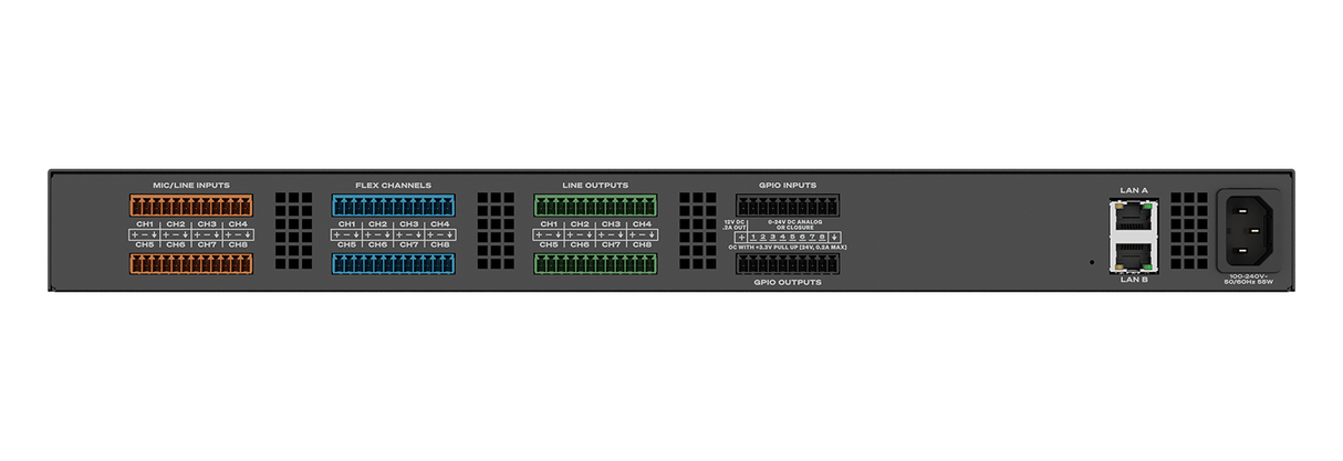 QSC QIO-24f Eight (8) mic/line level inputs, eight (8) software-definable Flex channels and eight (8) line level outputs