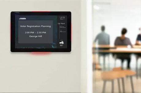 Touch room sign showing reserved status with red availability lights