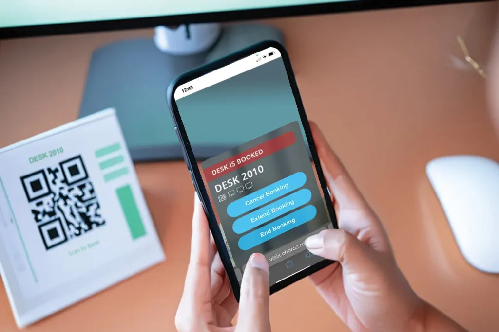 Visix Choros BYOD desk booking – reserve workspaces via QR code on any device
