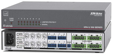 Extron XPA U 358 is an ENERGY STAR® certified 8-channel audio amplifier delivering 35W per channel in a compact, plenum-rated half-rack 1U enclosure—rack mount hardware included for streamlined integration.