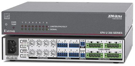 Extron XPA U 358 is an ENERGY STAR® certified 8-channel audio amplifier delivering 35W per channel in a compact, plenum-rated half-rack 1U enclosure—rack mount hardware included for streamlined integration.