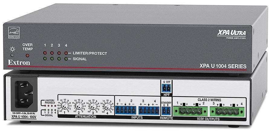 Extron XPA U 1004 is an ENERGY STAR® qualified 4-channel amplifier delivering 100W per channel in a compact, plenum-rated half-rack 1U enclosure—includes rack mount hardware.