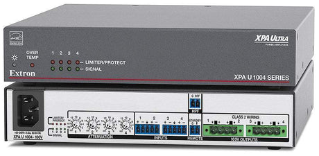 Extron XPA U 1004 is an ENERGY STAR® qualified 4-channel amplifier delivering 100W per channel in a compact, plenum-rated half-rack 1U enclosure—includes rack mount hardware.