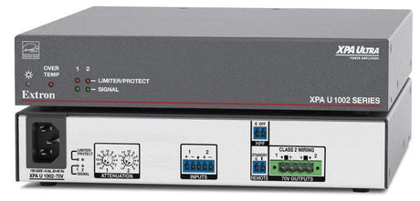 Extron XPA U 1002 is an ENERGY STAR® qualified 2-channel amplifier delivering 100W per channel in a half-rack, 1U plenum-rated enclosure—includes rack mount hardware for easy integration.
