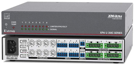 Extron XPA U 358C is an ENERGY STAR® qualified 8-channel amplifier delivering 35W per channel in a plenum-rated, convection-cooled half-rack 1U enclosure—includes rack mount hardware for easy installation.