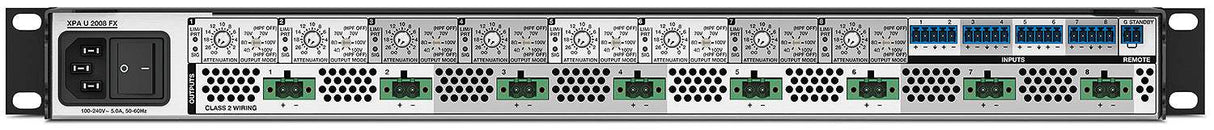 Extron XPA U 2008 FX delivers 200 watts per channel into 8Ω, 4Ω, 70V, and 100V loads—ideal for multi-zone commercial AV systems needing high-efficiency audio amplification.