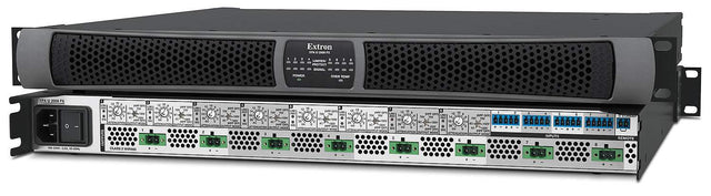 Extron XPA U 2008 FX delivers 200 watts per channel into 8Ω, 4Ω, 70V, and 100V loads—ideal for multi-zone commercial AV systems needing high-efficiency audio amplification.