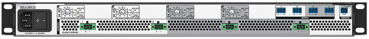 Extron XPA U 4004 FX is an ENERGY STAR® qualified, four-channel amplifier delivering 400 watts per channel into 8Ω, 4Ω, 70V, and 100V loads—ideal for high-power, multi-zone commercial AV installations.