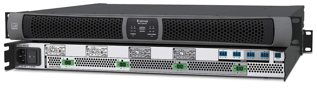 Extron XPA U 4004 FX is an ENERGY STAR® qualified, four-channel amplifier delivering 400 watts per channel into 8Ω, 4Ω, 70V, and 100V loads—ideal for high-power, multi-zone commercial AV installations.