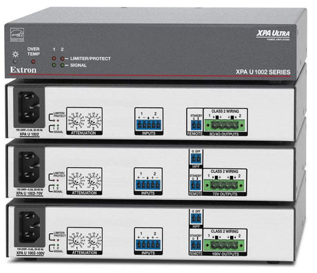 Extron XPA U 1002 is an ENERGY STAR® qualified 2-channel amplifier delivering 100W per channel in a half-rack, 1U plenum-rated enclosure—includes rack mount hardware for easy integration.