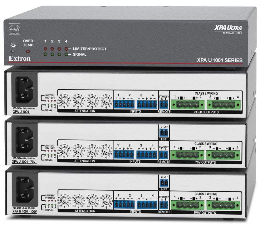 Extron XPA U 1004 is an ENERGY STAR® qualified 4-channel amplifier delivering 100W per channel in a compact, plenum-rated half-rack 1U enclosure—includes rack mount hardware.