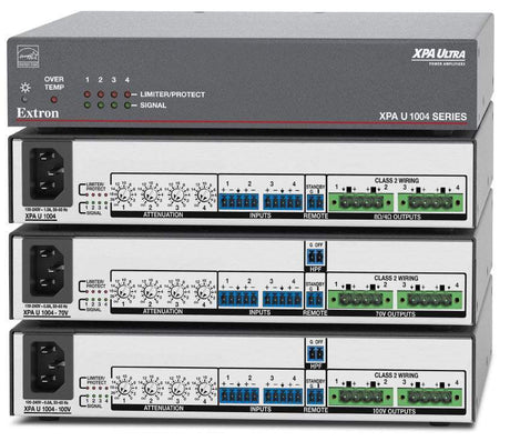 Extron XPA U 1004 is an ENERGY STAR® qualified 4-channel amplifier delivering 100W per channel in a compact, plenum-rated half-rack 1U enclosure—includes rack mount hardware.