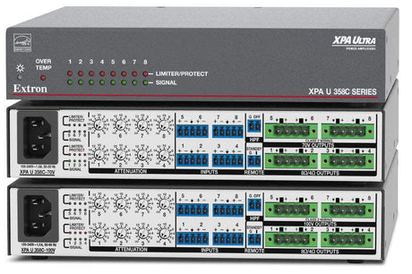 Extron XPA U 358C is an ENERGY STAR® qualified 8-channel amplifier delivering 35W per channel in a plenum-rated, convection-cooled half-rack 1U enclosure—includes rack mount hardware for easy installation.