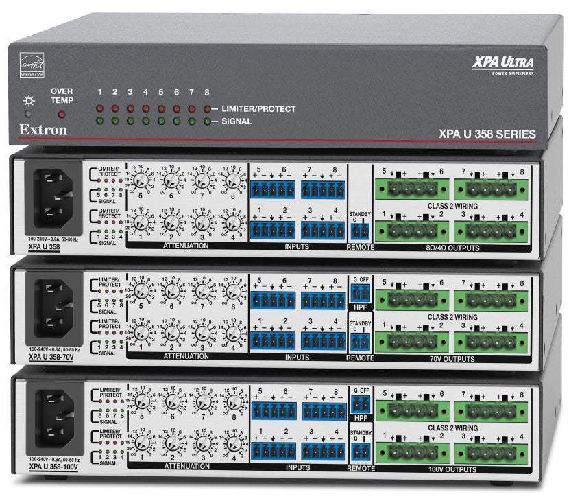 Extron XPA U 358 is an ENERGY STAR® certified 8-channel audio amplifier delivering 35W per channel in a compact, plenum-rated half-rack 1U enclosure—rack mount hardware included for streamlined integration.