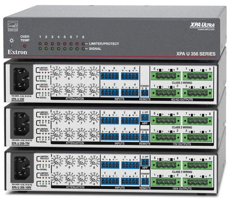 Extron XPA U 358 is an ENERGY STAR® certified 8-channel audio amplifier delivering 35W per channel in a compact, plenum-rated half-rack 1U enclosure—rack mount hardware included for streamlined integration.