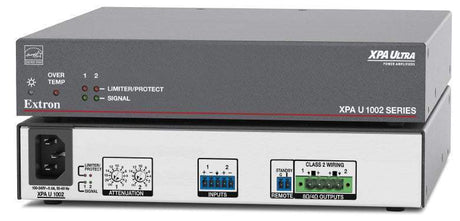 Extron XPA U 1002 is an ENERGY STAR® qualified 2-channel amplifier delivering 100W per channel in a half-rack, 1U plenum-rated enclosure—includes rack mount hardware for easy integration.
