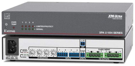 Extron XPA U 1004 is an ENERGY STAR® qualified 4-channel amplifier delivering 100W per channel in a compact, plenum-rated half-rack 1U enclosure—includes rack mount hardware.