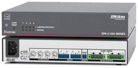 Extron XPA U 1004 is an ENERGY STAR® qualified 4-channel amplifier delivering 100W per channel in a compact, plenum-rated half-rack 1U enclosure—includes rack mount hardware.