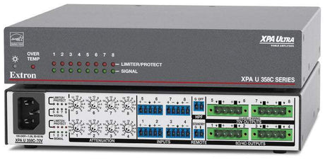 Extron XPA U 358C is an ENERGY STAR® qualified 8-channel amplifier delivering 35W per channel in a plenum-rated, convection-cooled half-rack 1U enclosure—includes rack mount hardware for easy installation.