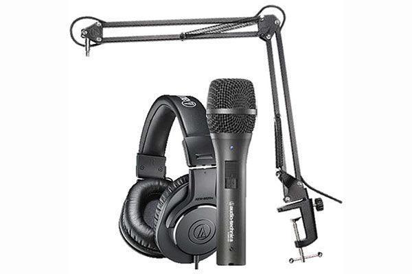 Audio-Technica AT2005USBPK Streaming/Podcasting Pack includes: one AT2005USB cardioid dynamic microphone, one pair of ATH-M20x headphones, mount, boom arm with threaded mini USB cable - Creation Networks
