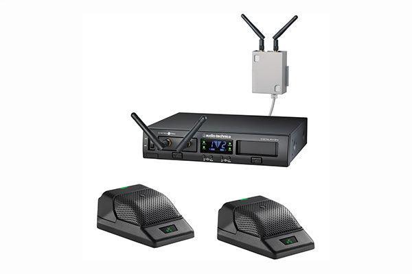 Audio-Technica ATW-1366 System 10 Wireless systems Boundary microphone system includes ATW-RC13 rack-mount receiver chassis, ATW- RU13 x2 receiver unit and ATW-T1006 x2 boundary microphone desk stand - Creation Networks