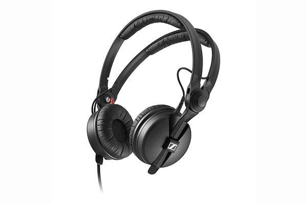 Sennheiser HD 25 PLUS Closed-back, on-ear professional monitoring headphones with split headband, rotatable ear cup, and coiled cable (1.5m), delivered with an additional straight cable, extra pair of ear cushions, and a protective pouch. - Creation Networks