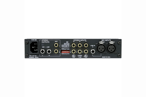 Shure SCM262 Stereo Mixer for use with 2 Microphones and 3 Stereo Sources, with Ducking and Phantom Power, AC only, Half Rack Space, Single and Dual Mount - Creation Networks