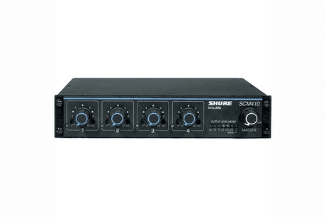 Shure SCM410 Four-Channel Automatic Microphone Mixer (110V) with Logic Control and EQ per Channel, AC only, Half Rack Space Single and Dual Mount - Creation Networks