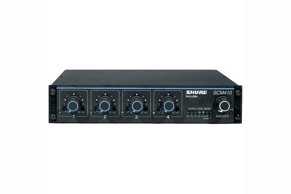 Shure SCM410 Four-Channel Automatic Microphone Mixer (110V) with Logic Control and EQ per Channel, AC only, Half Rack Space Single and Dual Mount - Creation Networks